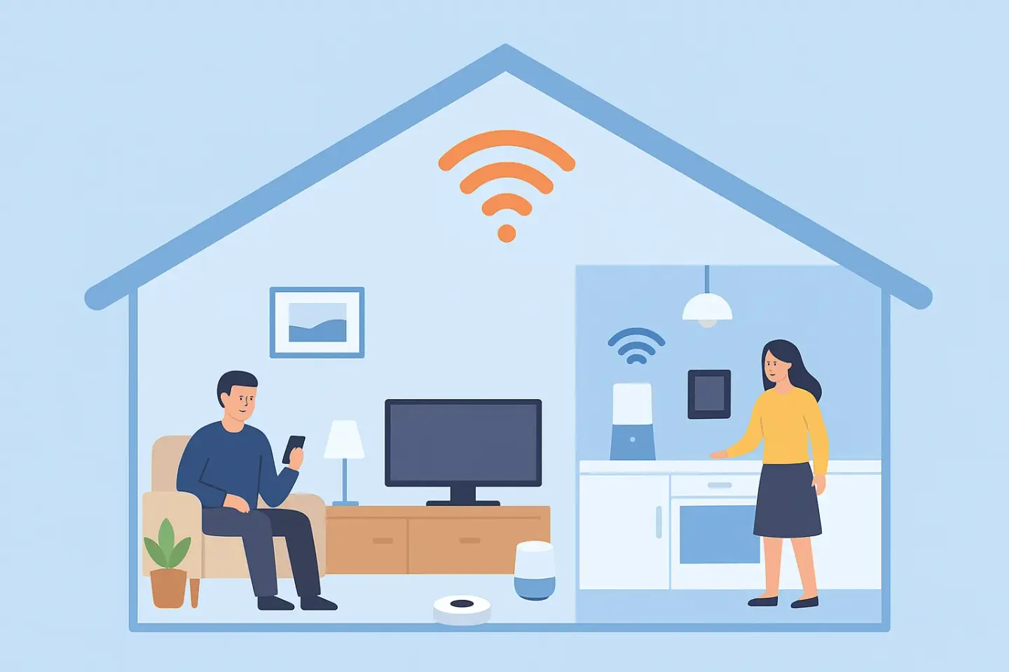 居家場景中,男子用手機、女子在廚房使用連網家電,上方有 Wi-Fi 訊號