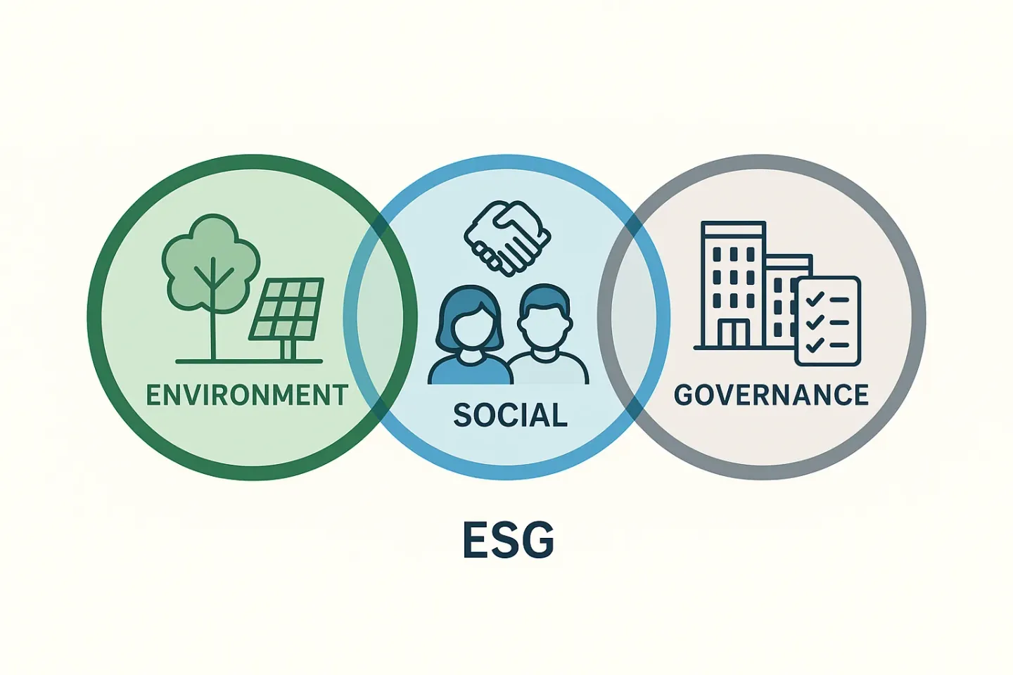環境、社會、治理三個相交圓圈組成的 ESG 概念圖