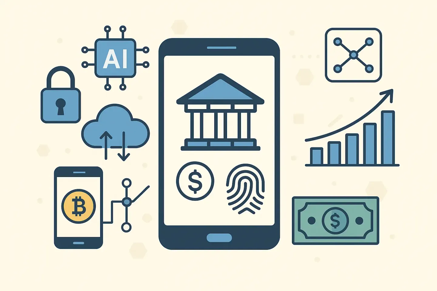 A phone showing a bank and fingerprint ID, surrounded by AI chip, lock, cloud, bitcoin and cash icons