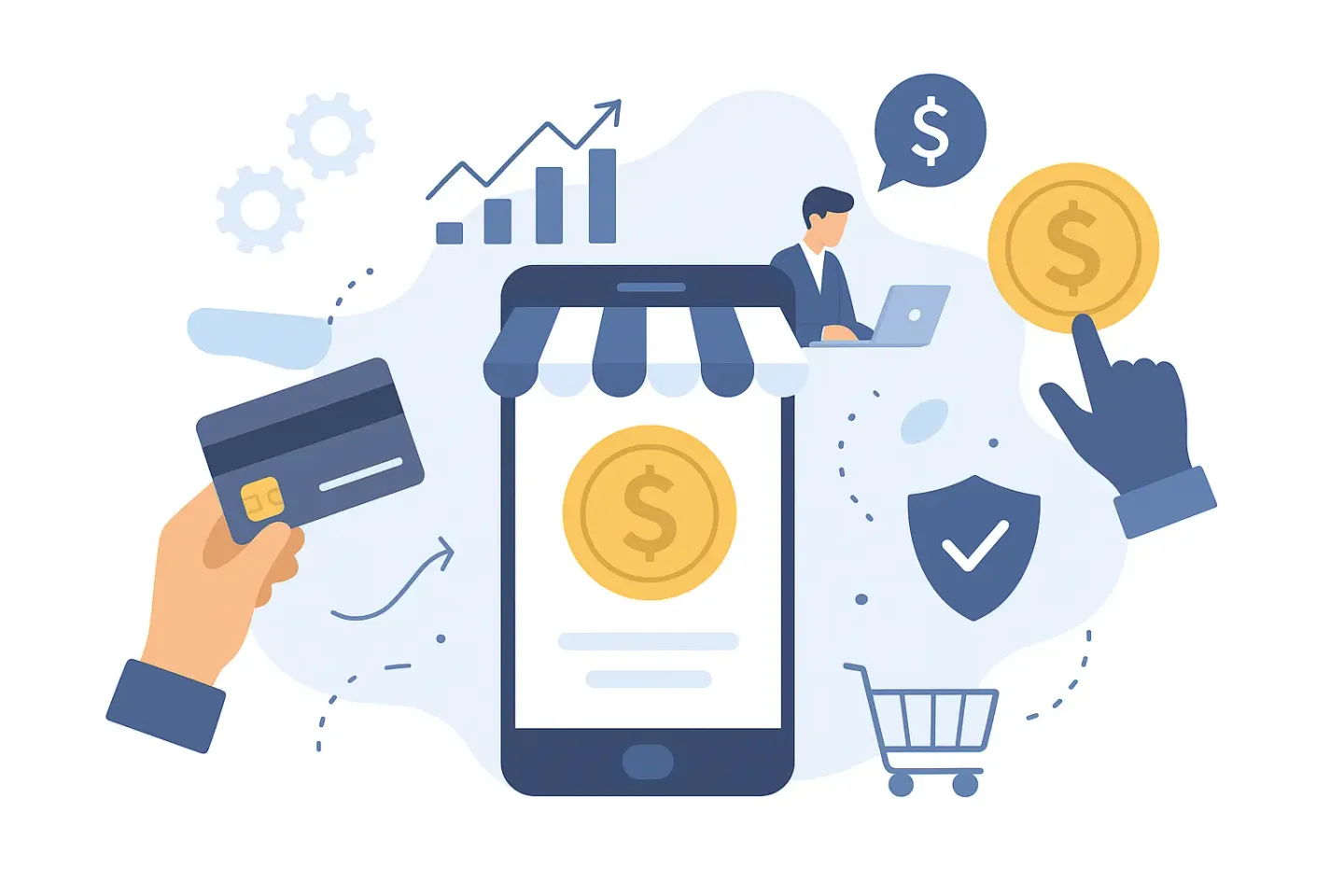 A phone styled as a shop front, surrounded by a credit card, coins, a shield, a cart and a growth chart