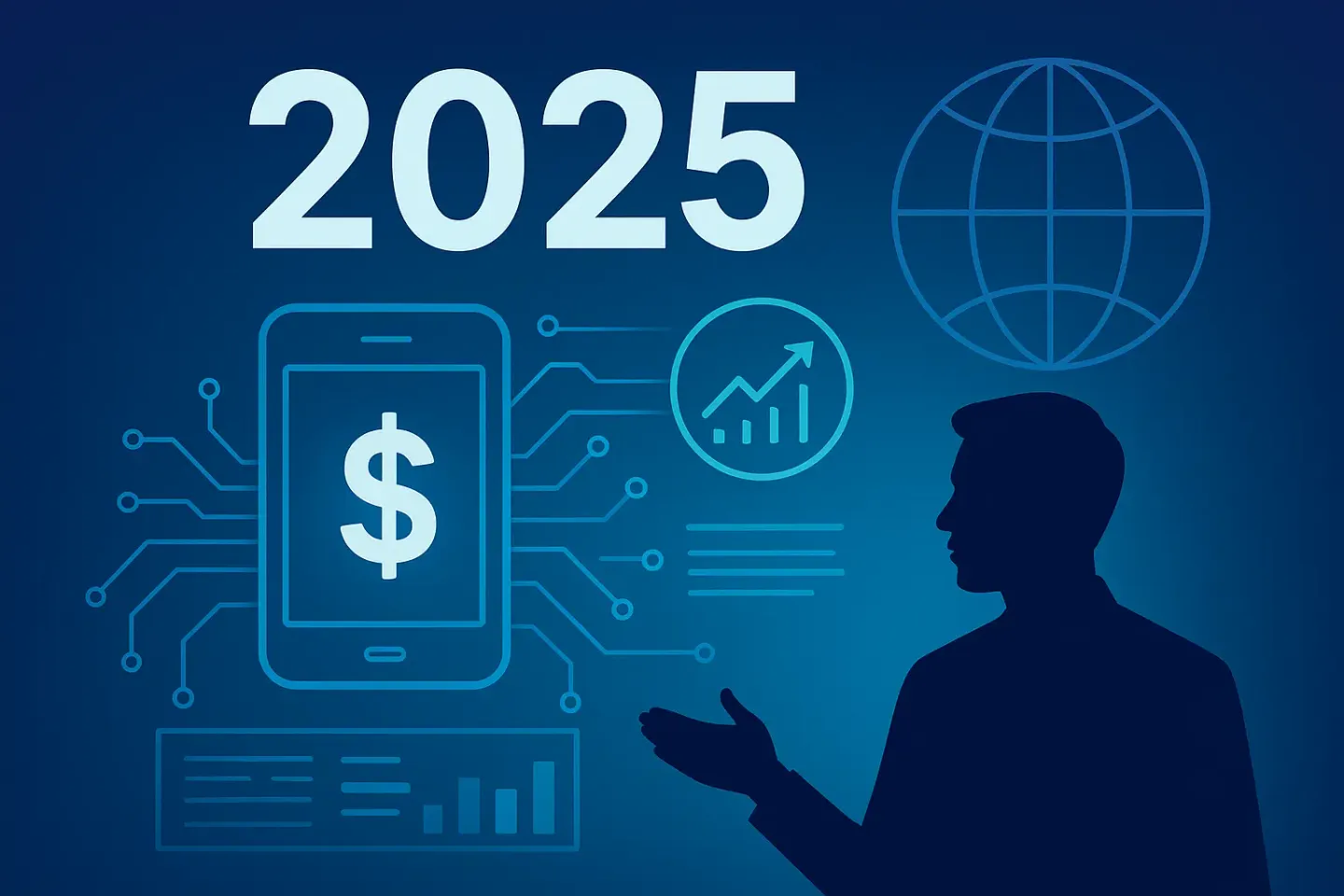 The year 2025 with a phone finance icon, circuit lines, a globe and a presenter silhouette
