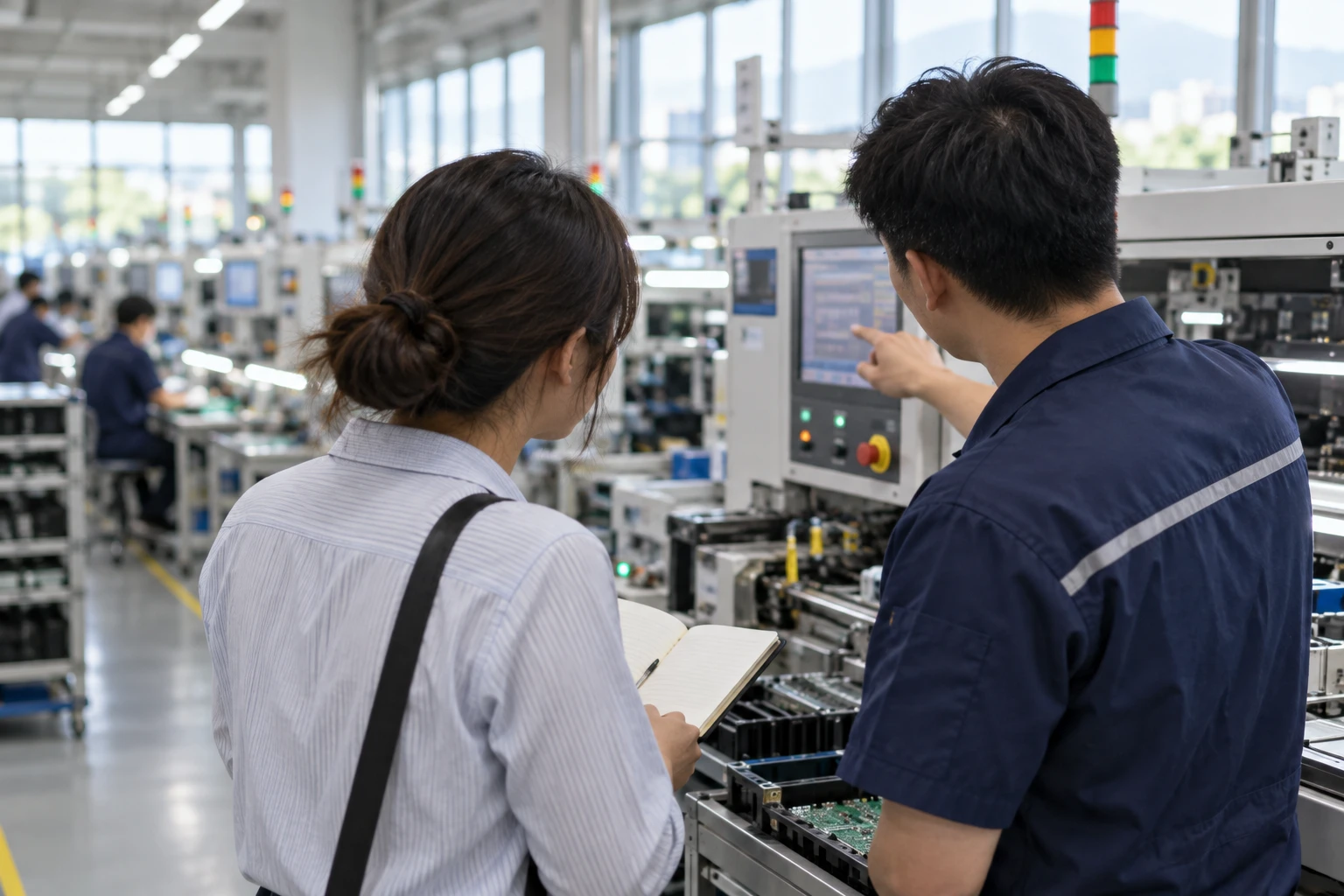 兩位同事在工廠產線旁一起討論作業流程